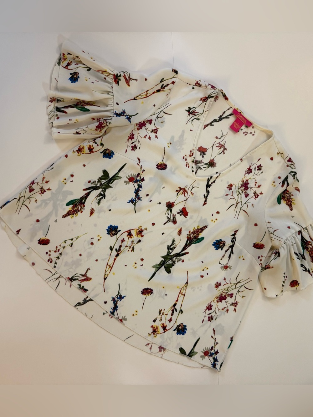 Catherine Malandrino White Floral Ruffle Bell Sleeve Top Large - Picture 2 of 7